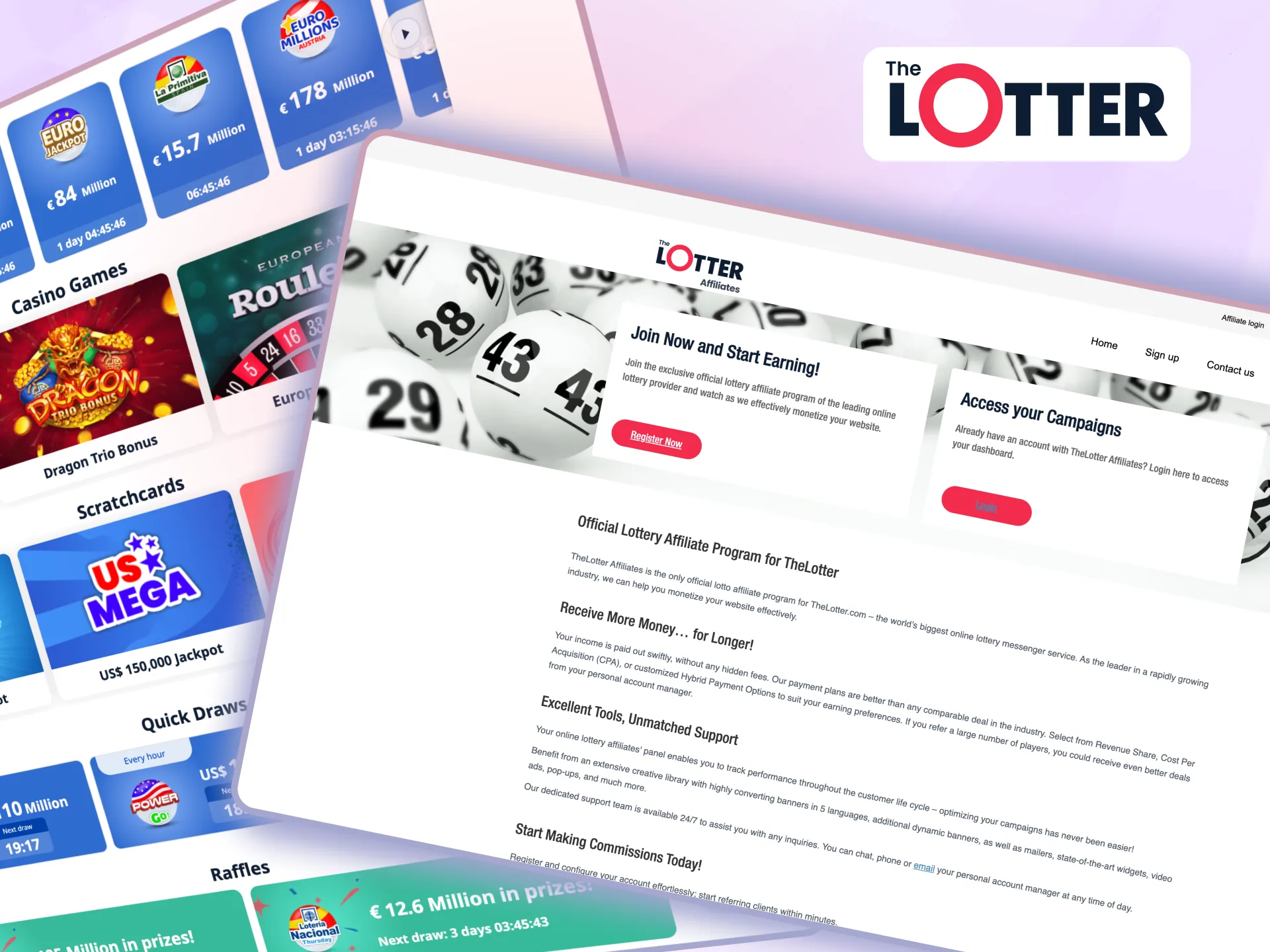 TheLotter’s affiliate program provides customizable payment options, detailed analytics, top-tier ad materials.
