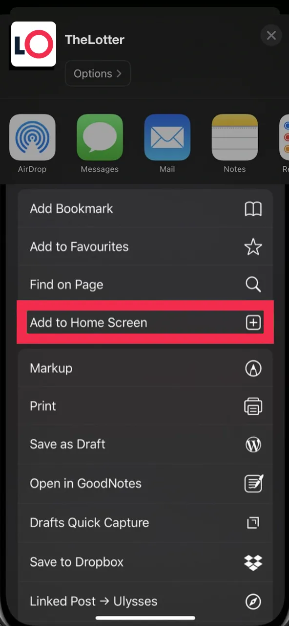 Add TheLotter to your home screen by clicking 'Share' and selecting the respective option.