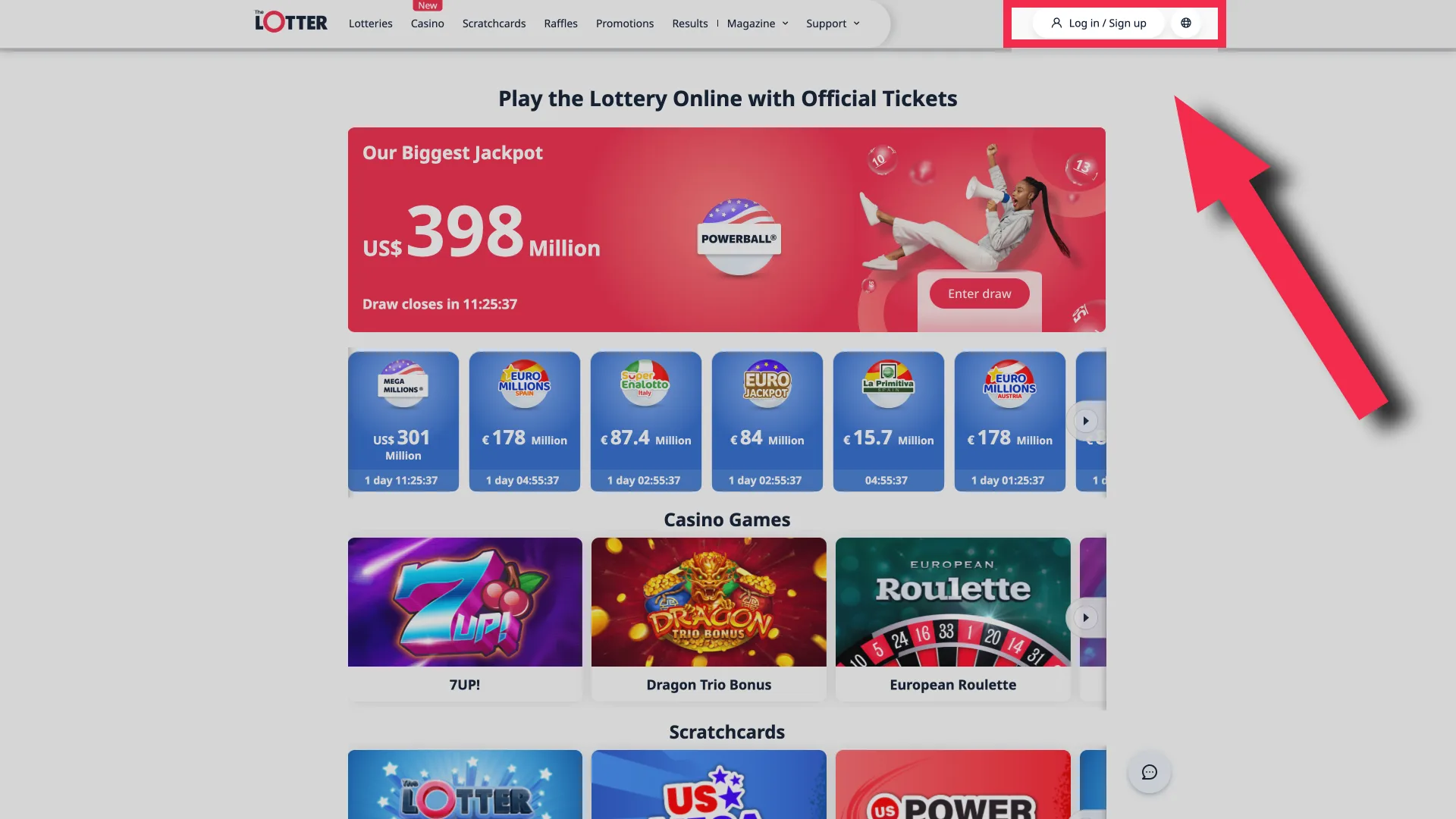 Locate the registration button in the top-right corner of TheLotter homepage.