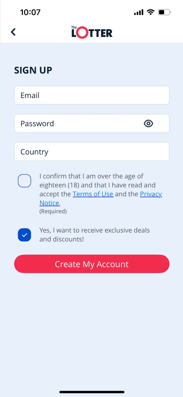 Create an account on TheLotter Casino by filling out the registration form.