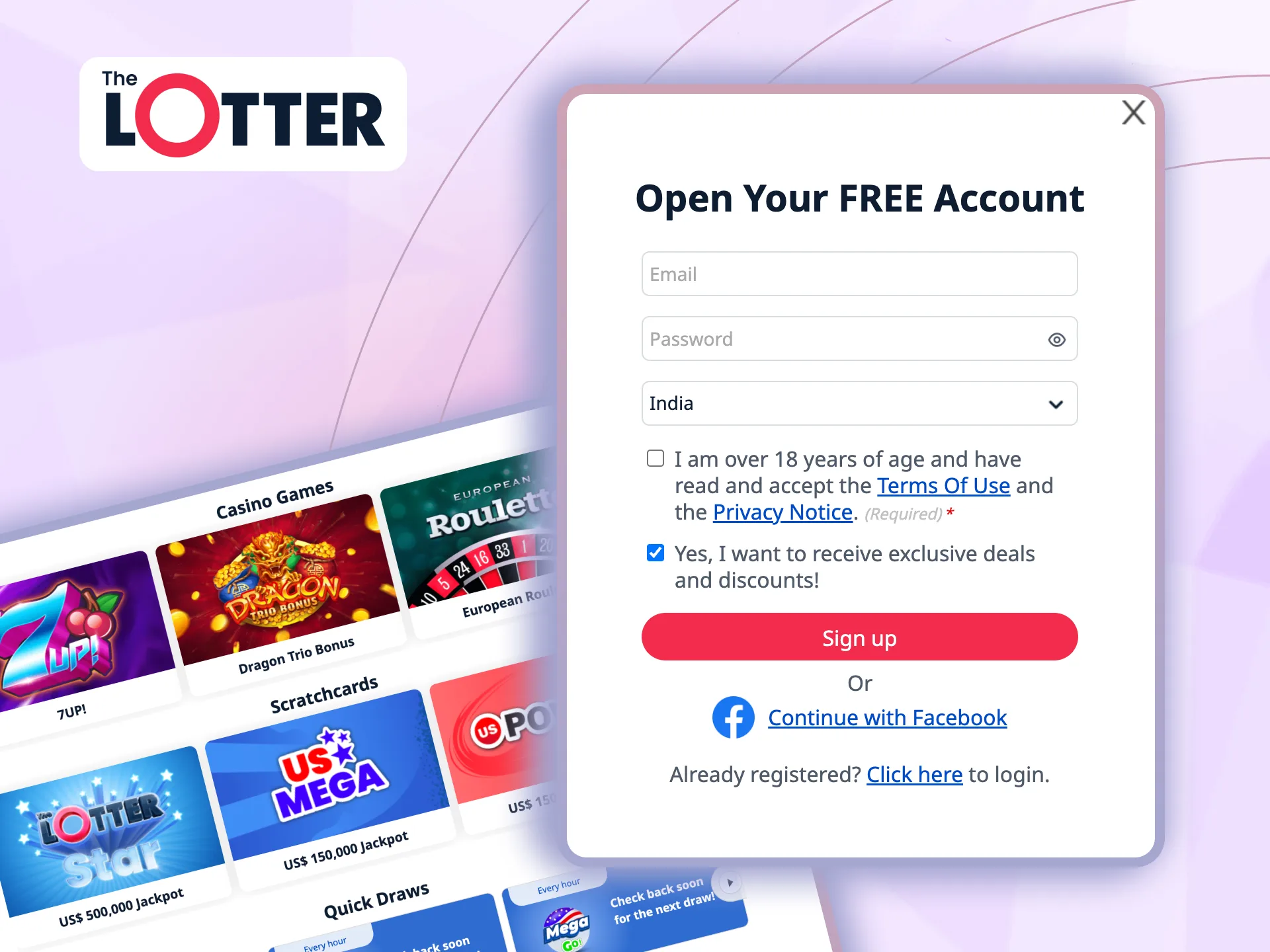 Create your TheLotter account quickly by completing a short registration form.