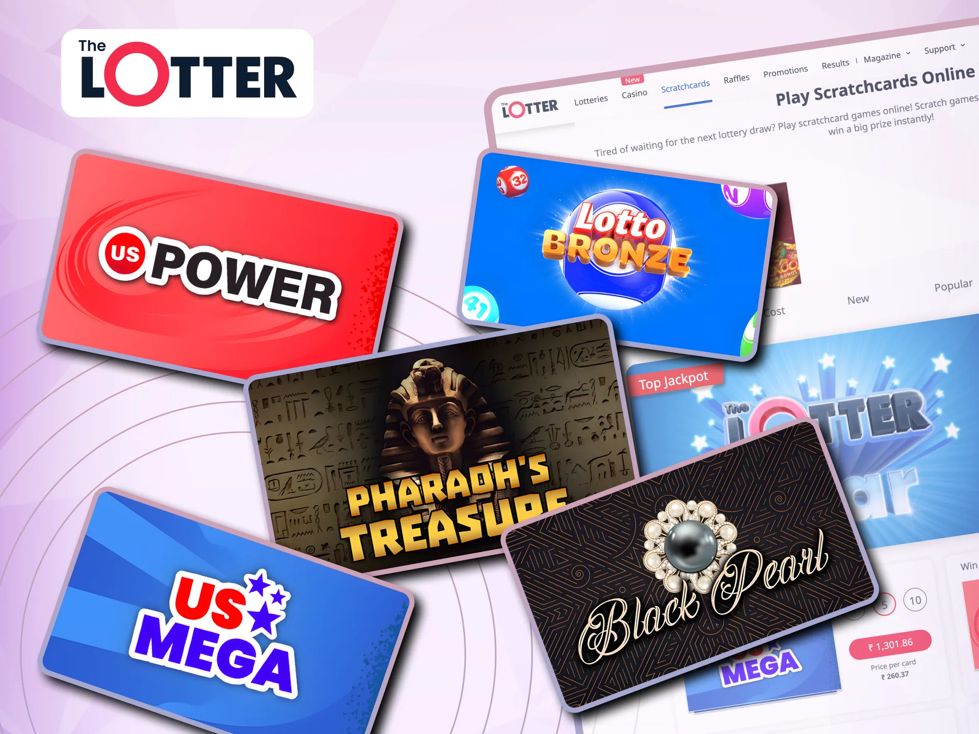 Enjoy instant prizes with TheLotter scratchcards such as UsPower and Pharaoh’s Treasure.