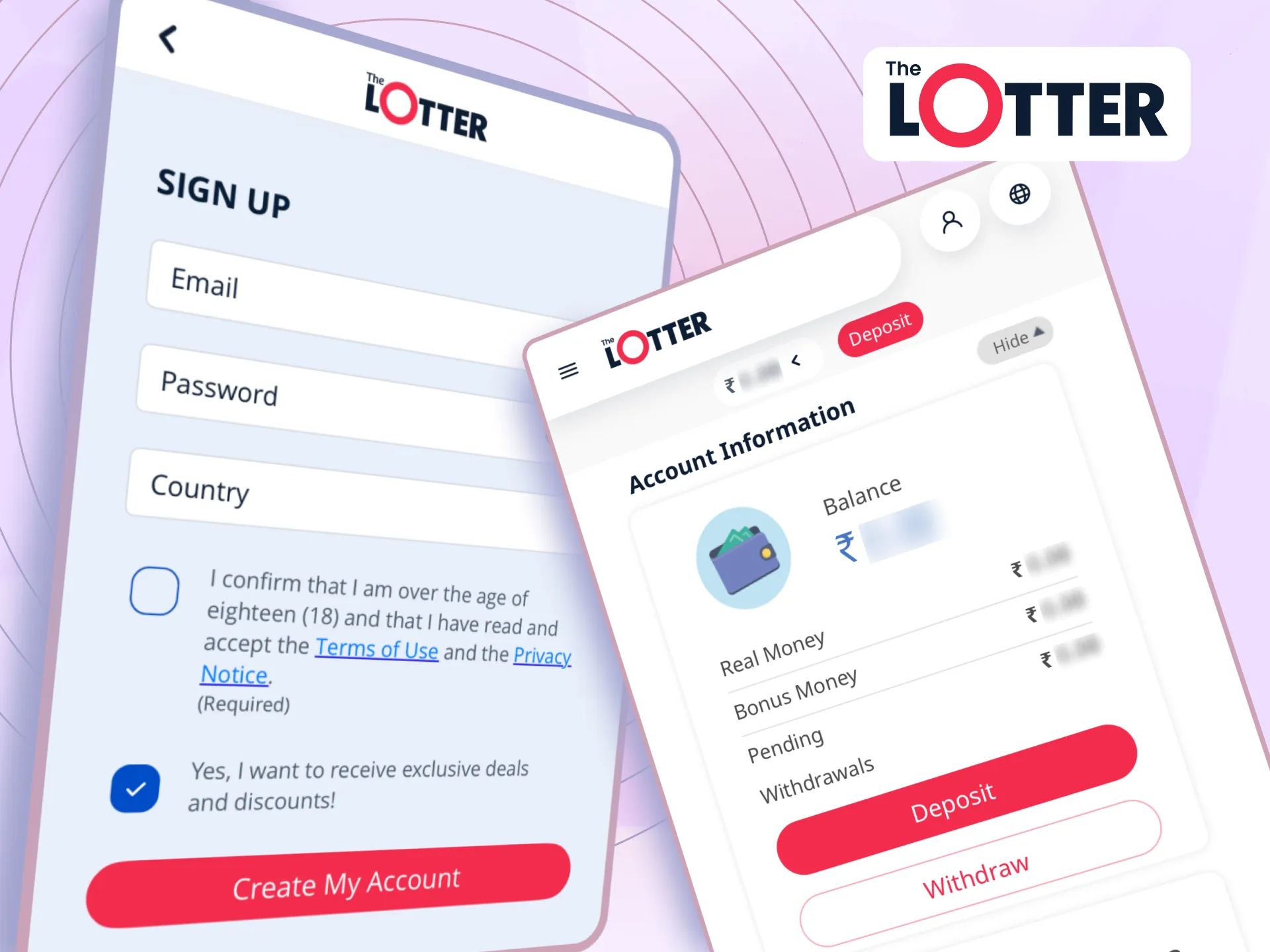Enter TheLotter, navigate to 'Deposit to account,' add payment info, and confirm to deposit funds.