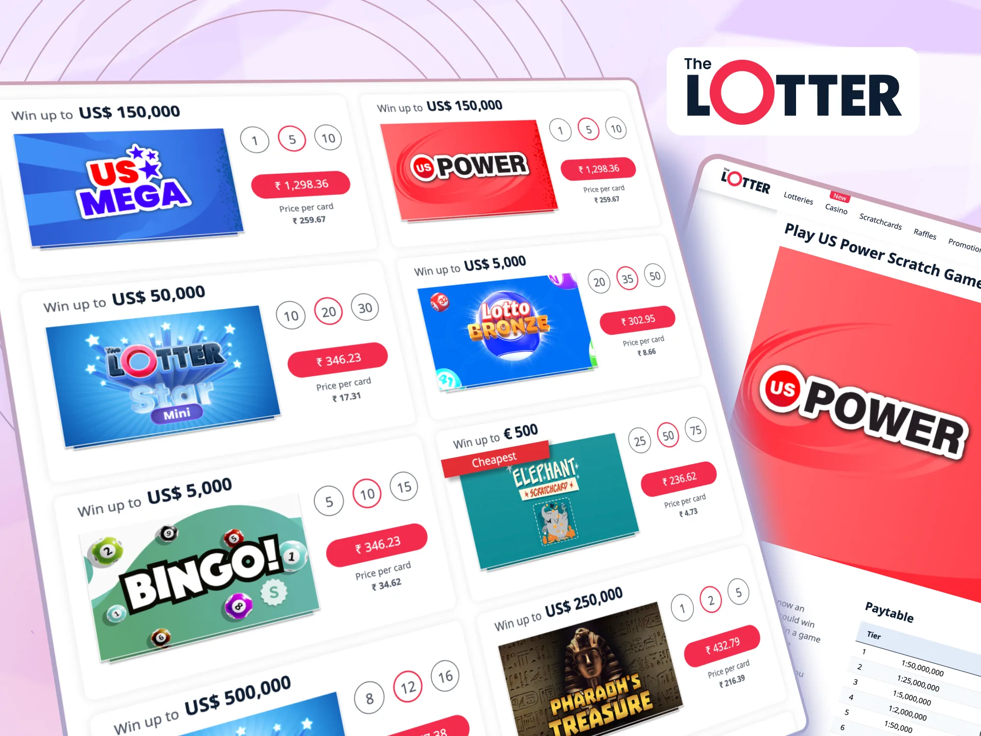 Join TheLotter, purchase scratchcards, reveal results instantly, and claim winnings directly to your account.