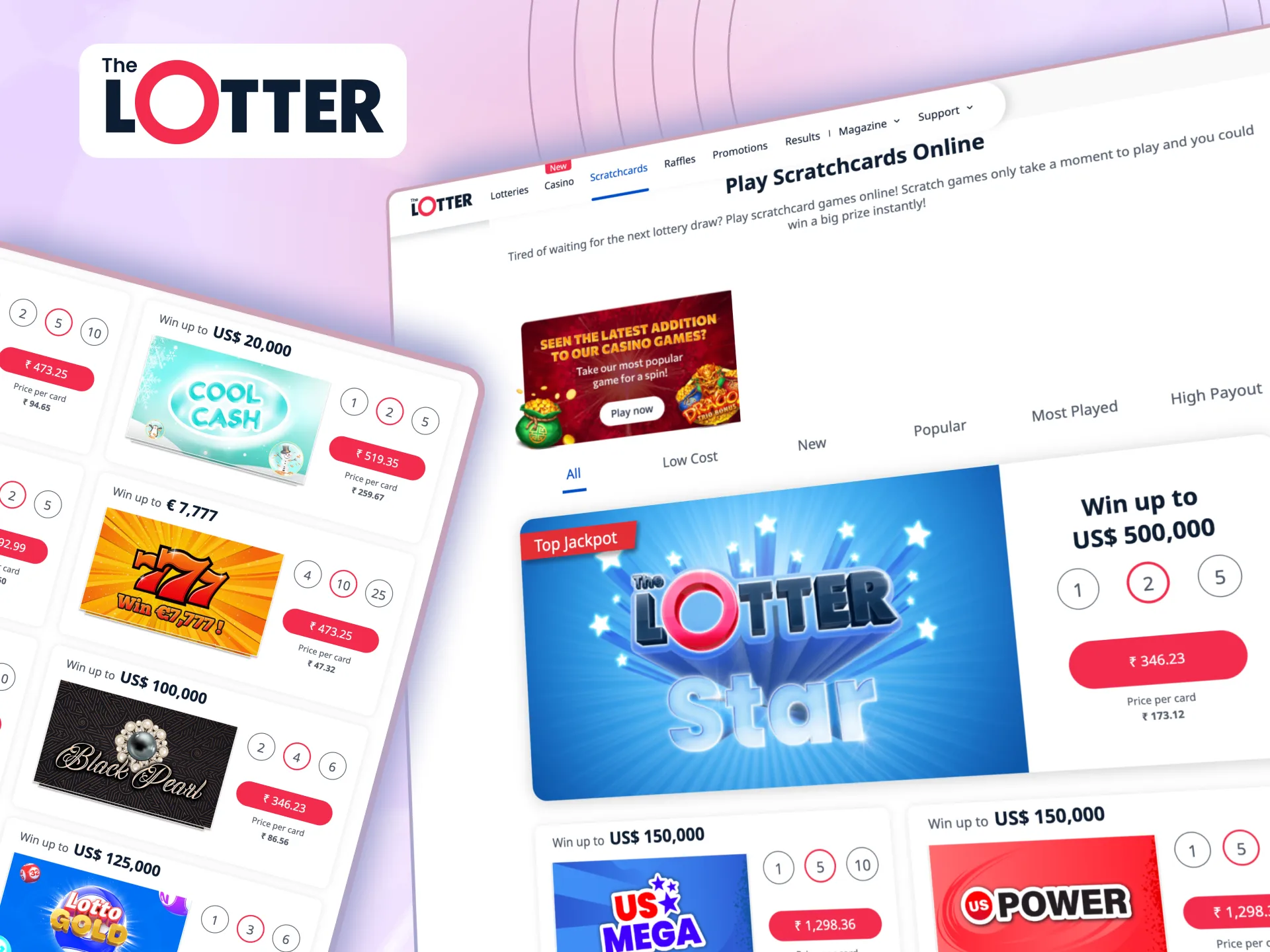 With TheLotter Scratchcards, scratch off virtually and reveal prizes instantly across various themes.