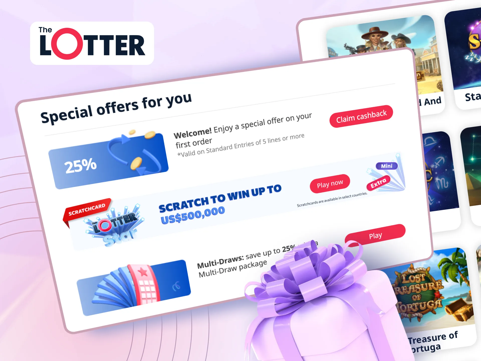 Boost your game balance with TheLotter bonuses like the Welcome Bonus and up to 25% cashback.