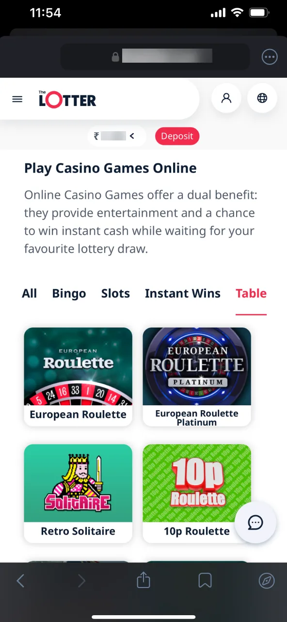 Click the Casino games tab at the top of TheLotter, access the table games section, and make your selection.